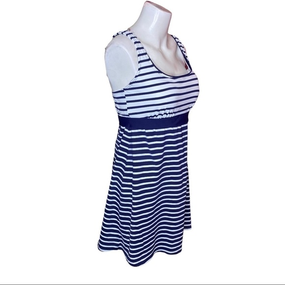 Lands' End Women's Square Neck Dresskini CB Deep Sea Mix Stripe Size 8 498396 - Picture 2 of 6